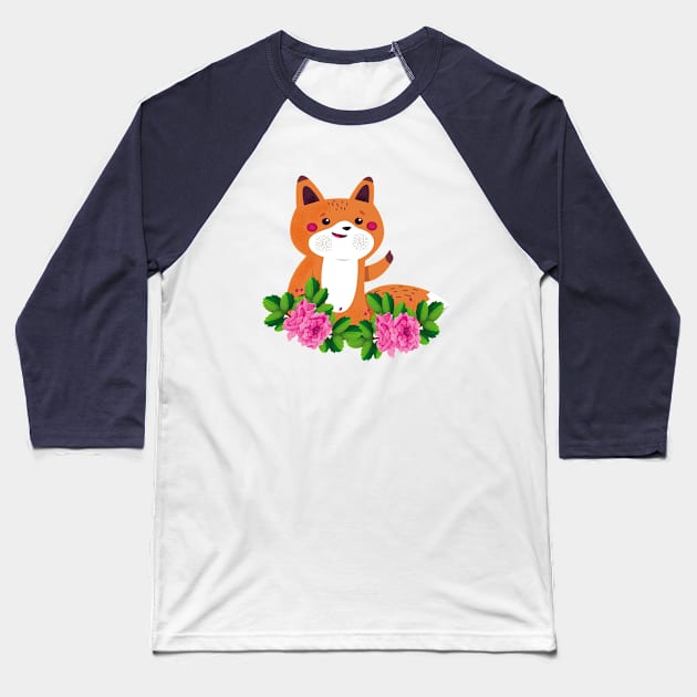 Cute Fox Animals Flower Baseball T-Shirt by JeffDesign